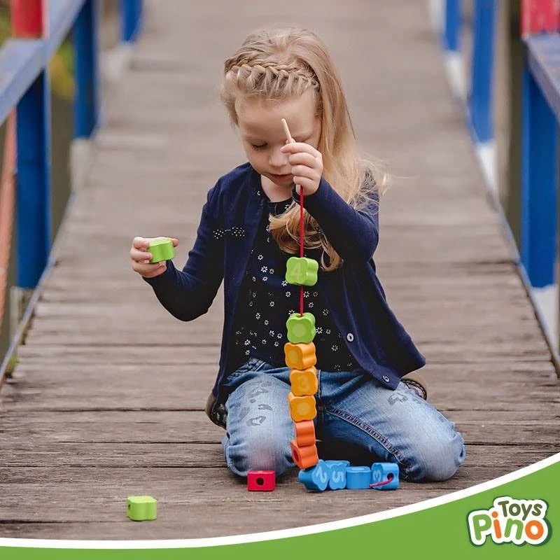 Дървена дидактическа играчка Pino, 3 в 1, За низане, сортиране и баланс